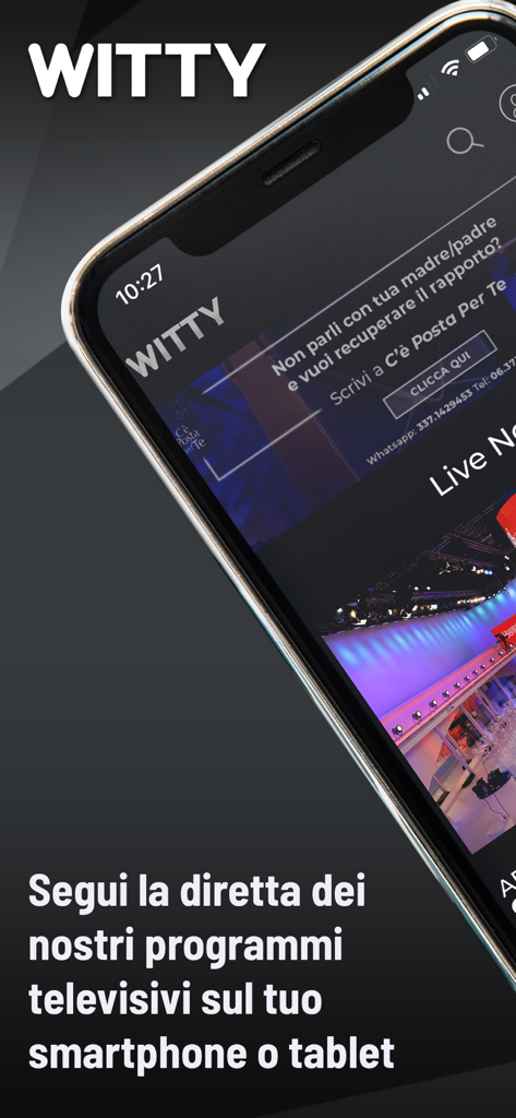Pantalla de smartphone que muestra la interfaz de la aplicación WittyTv para ver programas de TV italianos en vivo