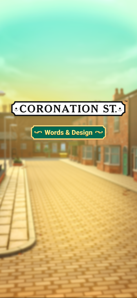 Pantalla de inicio del juego móvil Coronation Street Words and Design con la icónica calle adoquinada