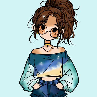 girl with a messy ponytail glasses a baggy crop top and jean shorts