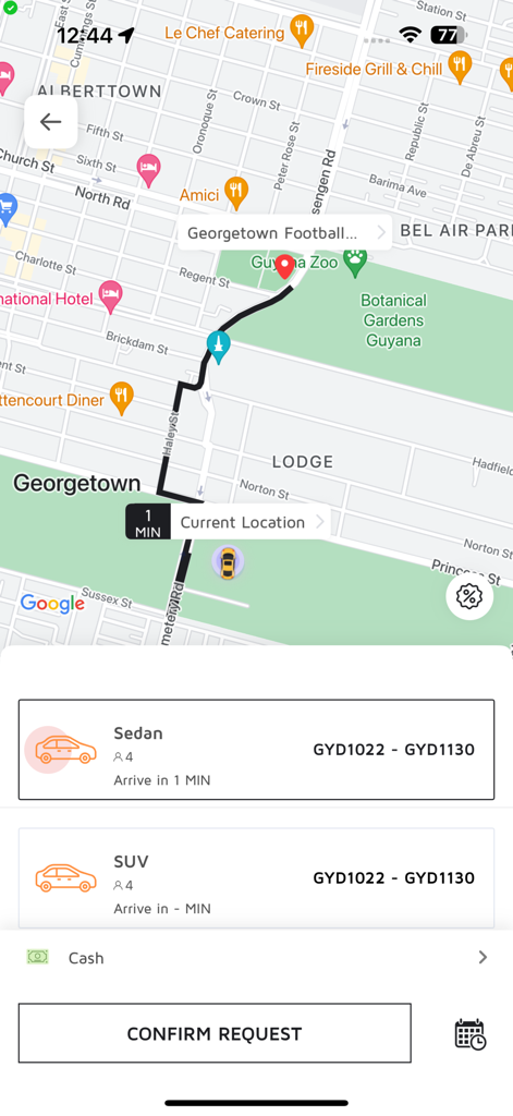 Scoop Ride Customer - Scoop Ride app screen showing a route map and vehicle options for a ride request