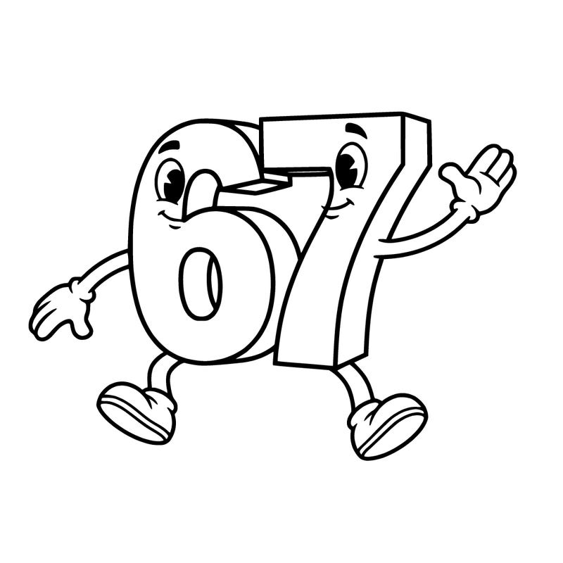 the number 67 with legs arms and eyes