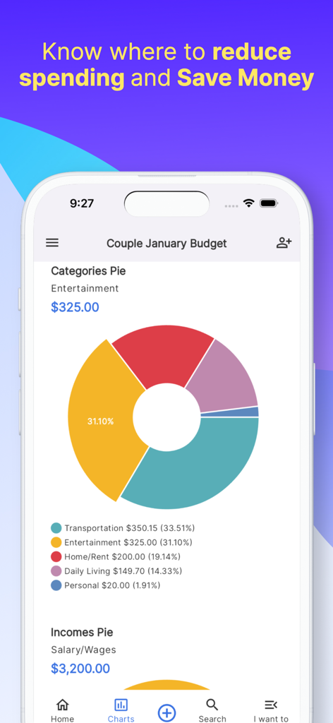 Un diagramme circulaire montrant les catégories de dépenses mensuelles d'un couple dans l'application de suivi budgétaire iSaveMoneyGo.