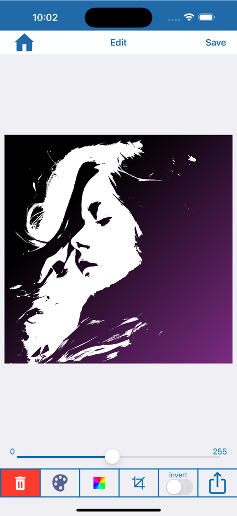 User interface of Fx Stencil Pro app editing a portrait stencil with purple gradient.