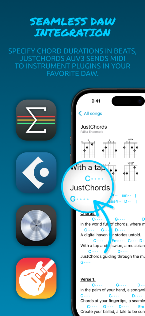 JustChords - JustChords mobile app showing integration with DAWs and AUv3 MIDI support