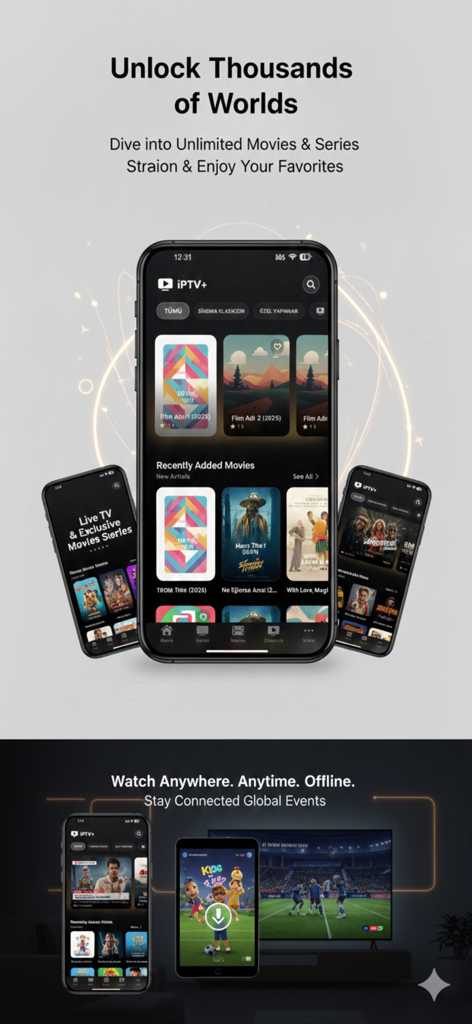 iPTV Player plus App-Oberfläche, die Offline-Wiedergabe und Streaming auf mehreren Geräten in der Filmbibliothek zeigt