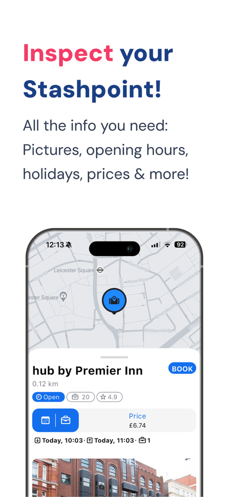Stasher Luggage Storage - Stasher 수하물 보관 장소에 대한 자세한 정보와 지도를 보여주는 스마트폰 화면