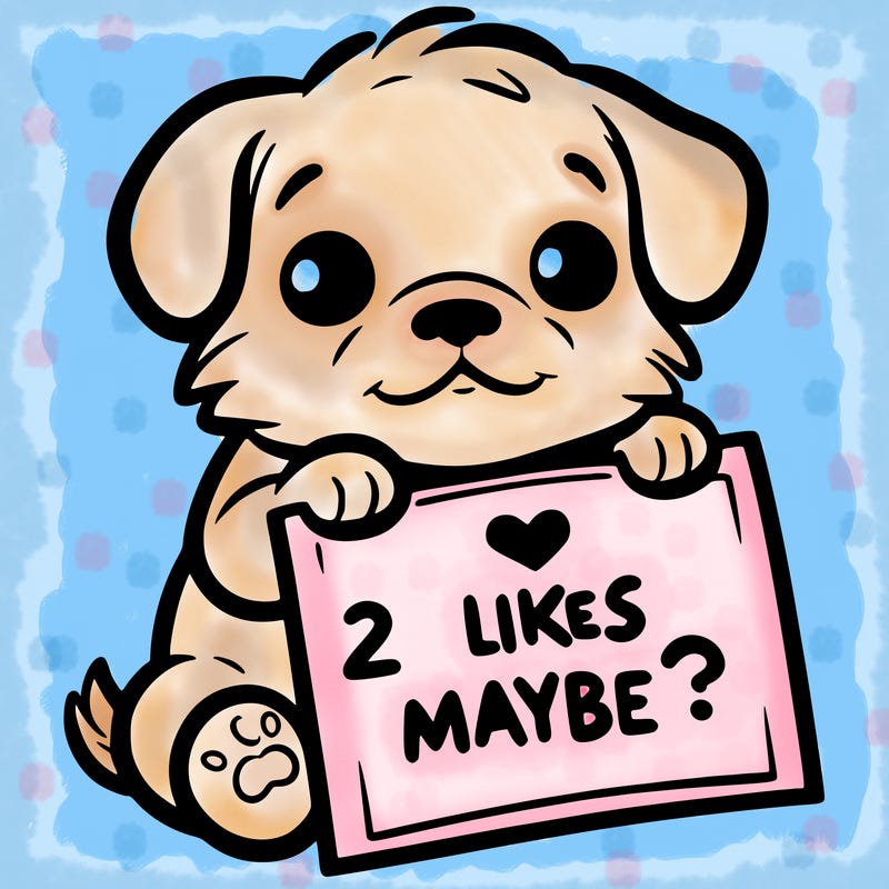a puppy holding a sign that says 2 likes maybe?