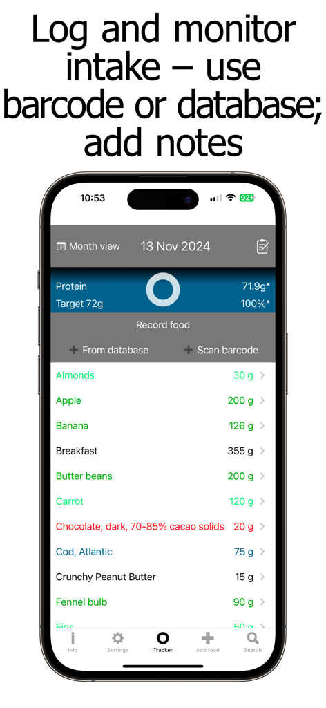 Protein Counter and Tracker - Oberfläche der Protein-Zähler und Tracker App, die ein tägliches Essensprotokoll mit dem Fortschritt des Proteinbedarfs anzeigt
