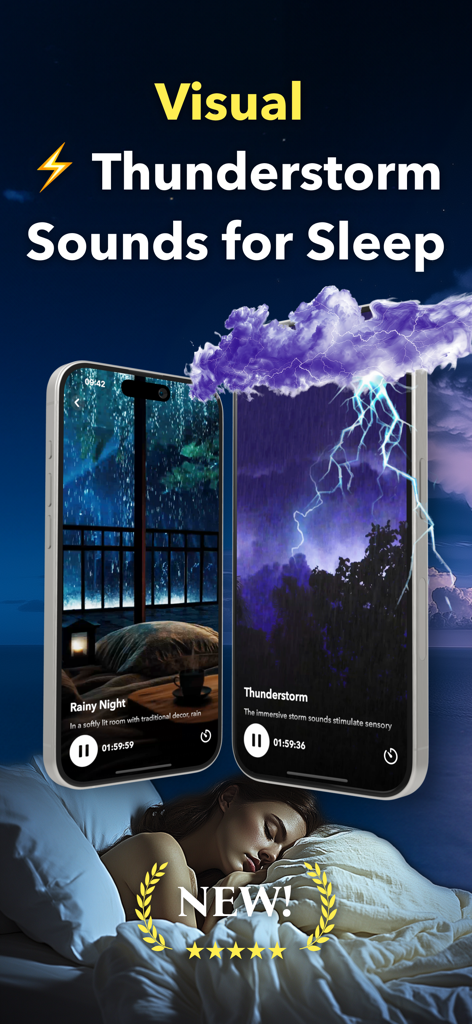 Thunderstorm Sleep Sounds - Thunderstorm Sleep Sounds app interface showing immersive rainy night and lightning visual soundscapes for better sleep.