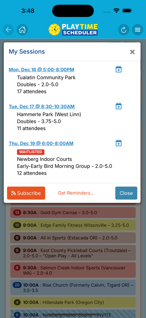 The My Sessions screen in the PlayTime Scheduler app showing a list of upcoming pickleball games and court locations