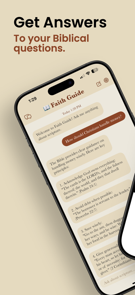 Faith Guide app chat interface displaying biblical answers about money management with scripture references