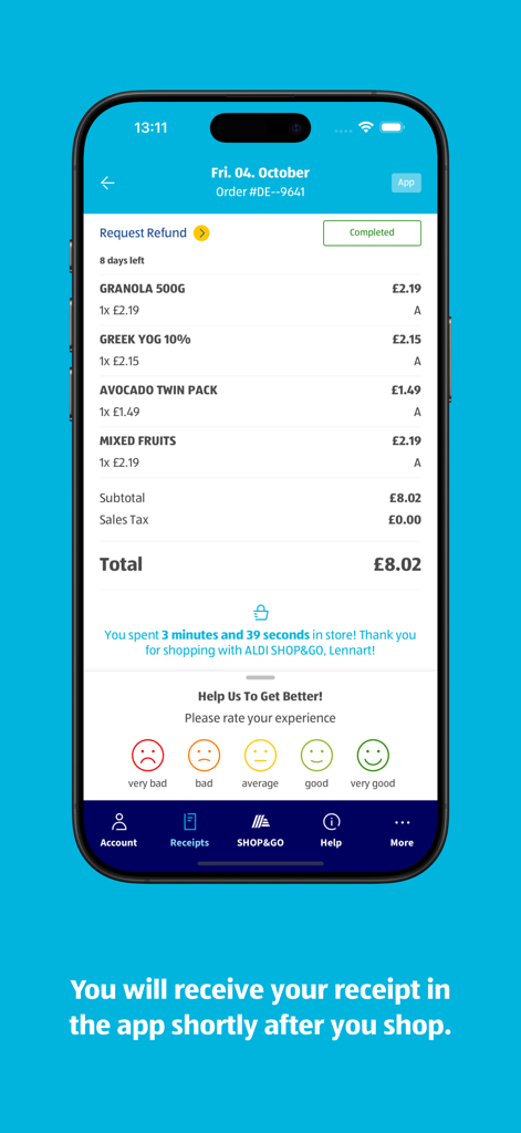 Digital receipt in the ALDI SHOP AND GO app showing items purchased and shopping duration