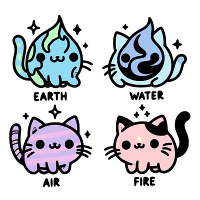 4 cats that represent the different elements, earth, water, air, and fire