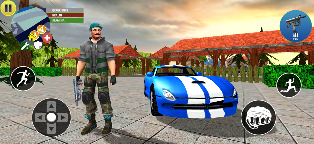 A gangster character holding a weapon standing next to a blue sports car in a city environment.