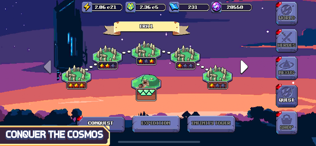 Interface de carte du monde de l'ère 1 de Cosmos Quest présentant des niveaux de civilisation ancienne et des menus de conquête