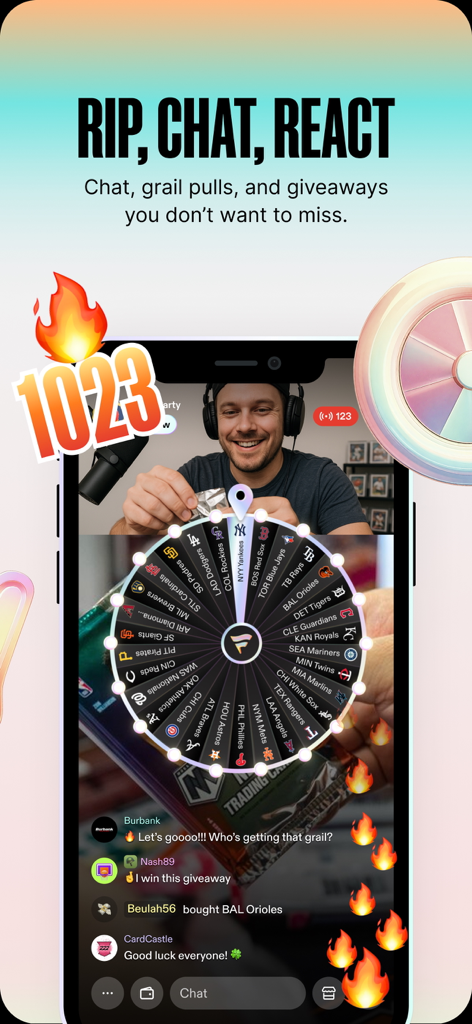 Fanatics Live - Break Your Way - Fanatics Liveアプリでのライブスポーツカードブレイクセッション。インタラクティブなチーム選択ホイールとユーザーチャットを特徴とする
