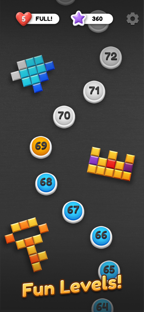 Blocks of Bitcoin - Captura de pantalla del juego móvil Blocks of Bitcoin que muestra el mapa de progresión de niveles del modo aventura con formas coloridas de rompecabezas de bloques