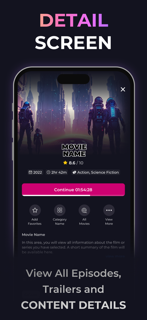 IPTV - Opus Player - Pantalla de detalles de películas de la aplicación Opus Player mostrando calificaciones y el botón de seguir viendo