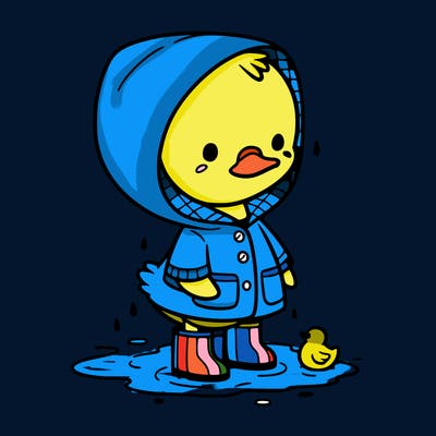 baby duck in a rain coat and boots, in a puddle while it’s raining