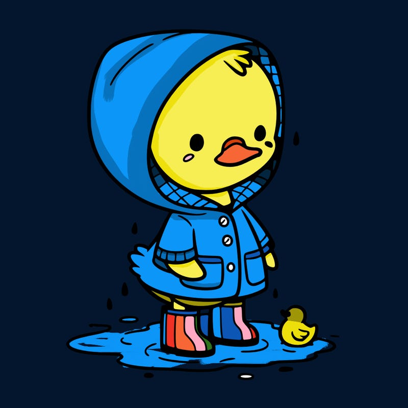 baby duck in a rain coat and boots, in a puddle while it’s raining