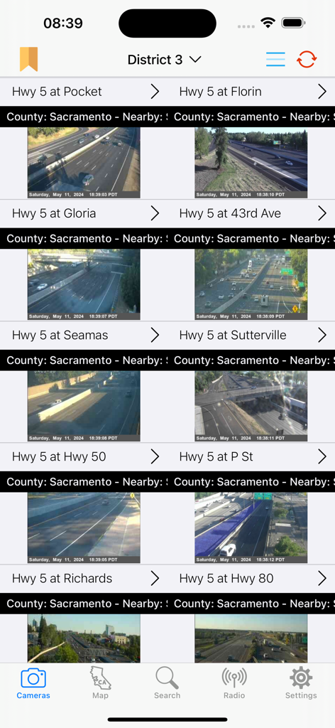 Live Traffic Cameras in CA - Grid view of live highway traffic camera feeds in Sacramento California