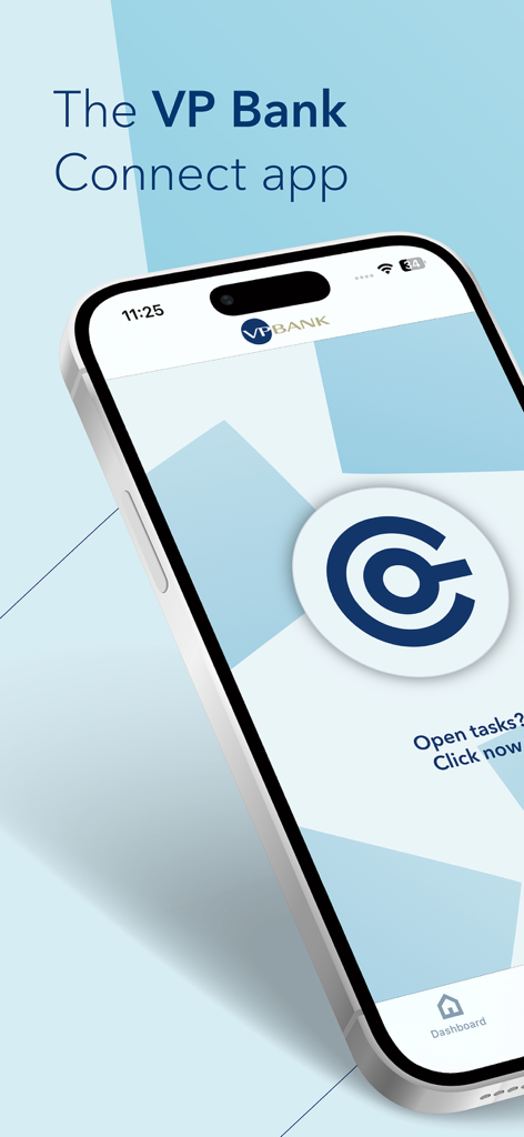 The VP Bank Connect mobile app interface displayed on an iPhone screen