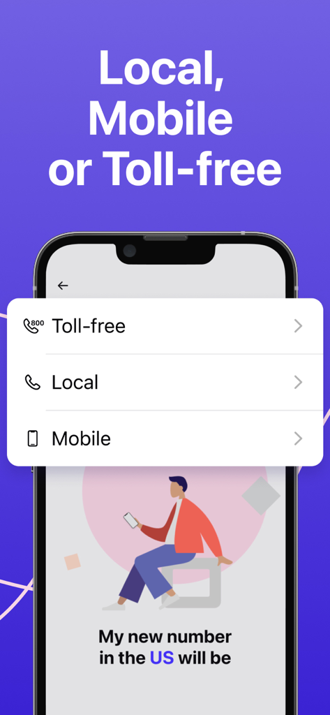 Second Phone Number ™ 2nd Line - Interfaccia che mostra le opzioni per selezionare un numero di telefono secondario mobile locale o gratuito