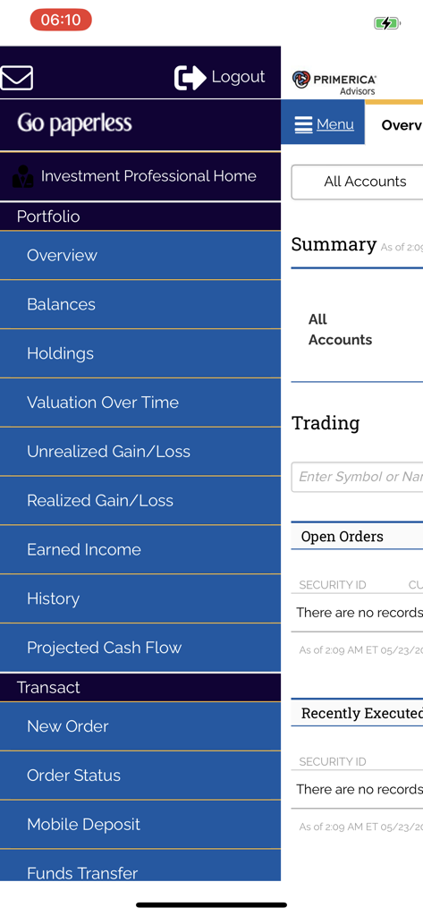 Primerica Advisors - Screenshot of the Primerica Advisors mobile app menu showing portfolio and transaction options