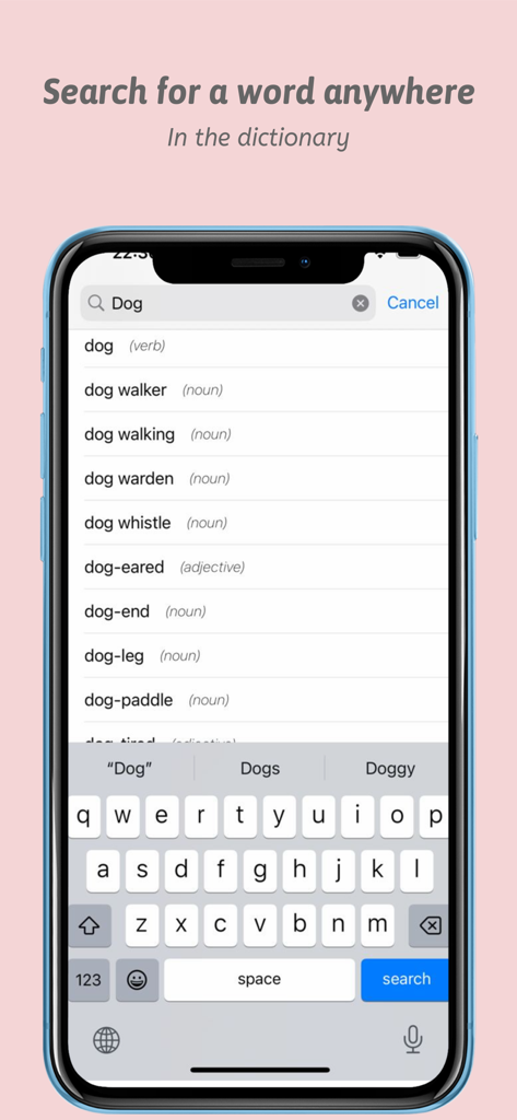 English Learners Dictionary - English Learners Dictionary app search screen showing word suggestions for dog