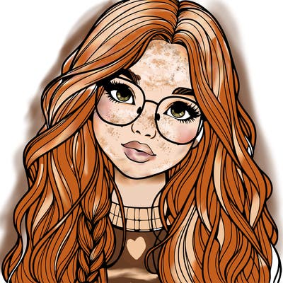 girl with long hair and freckles and glasses realistic