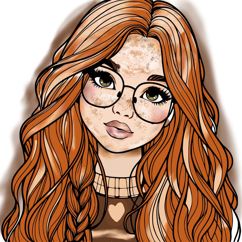 girl with long hair and freckles and glasses realistic