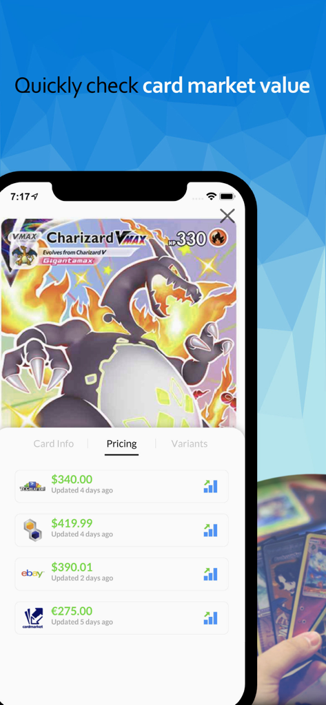 Interface móvel do Pokellector mostrando preços de mercado para uma carta Pokémon Charizard VMAX.