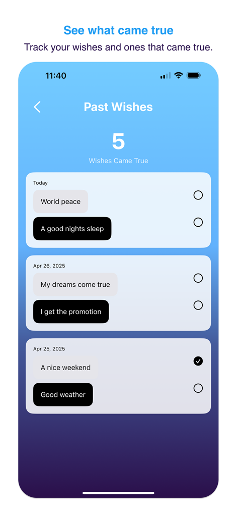 11:11: Make a Wish - The Past Wishes interface of the 11:11 app displaying a log of daily intentions and completed manifestations.