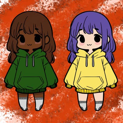 two sisters in baggy sweatshirts