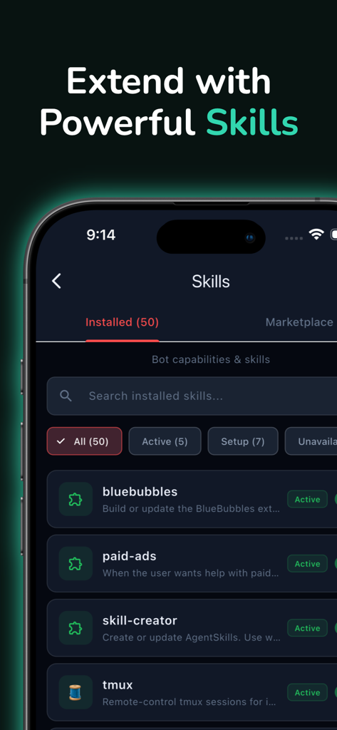 GoClaw - OpenClaw App - Schermata dell'app GoClaw che visualizza un elenco di skill e capacità AI installate.