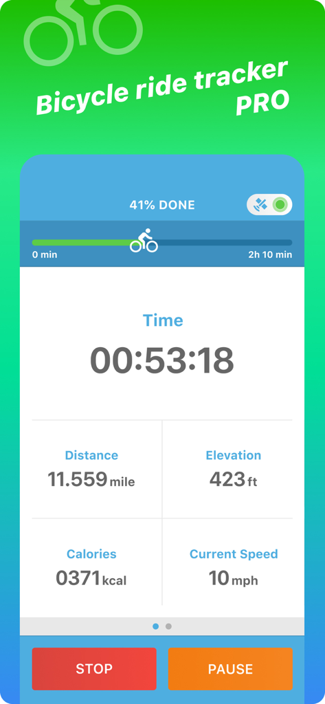 Interface of Bicycle ride tracker PRO app showing real-time cycling stats like time distance and speed