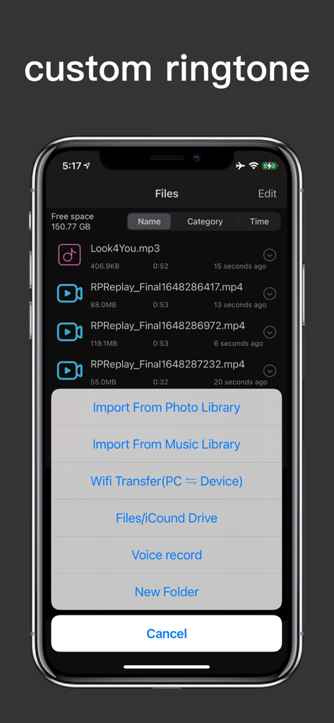 Ringtone Master- extract audio - Ringtone Master app interface showing a list of audio and video files with a menu for importing content from photo and music libraries