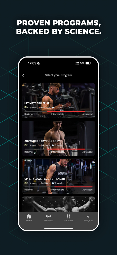 BEASTLY: Build Muscle Fast - Beastly app screen showing various workout programs like Ultimate Bro Split and Advanced Full Body