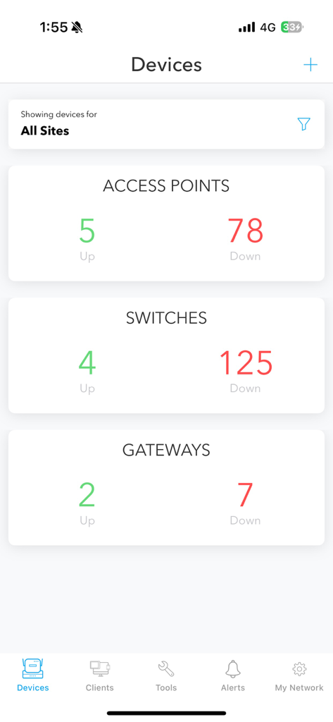 HPE Aruba Networking Central - A dashboard in the HPE Aruba Networking Central app showing real-time status counts for access points switches and gateways.