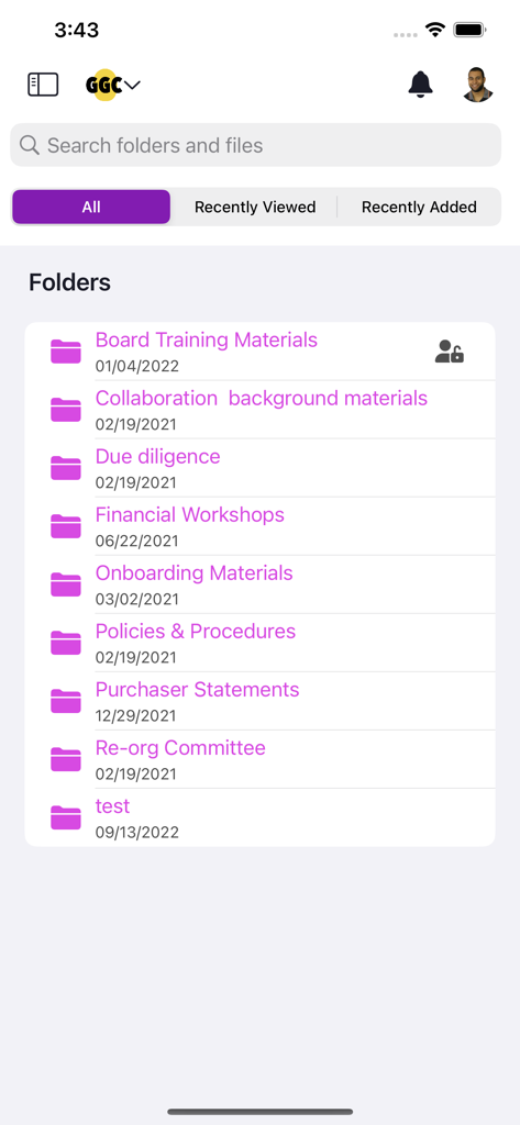 Interface do aplicativo Govenda exibindo uma lista de pastas de documentos seguras para diretores do conselho.