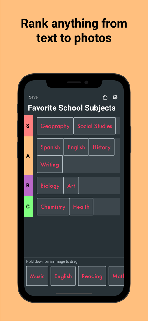 Mobile app screenshot showing school subjects ranked in a tier list from S to C tiers