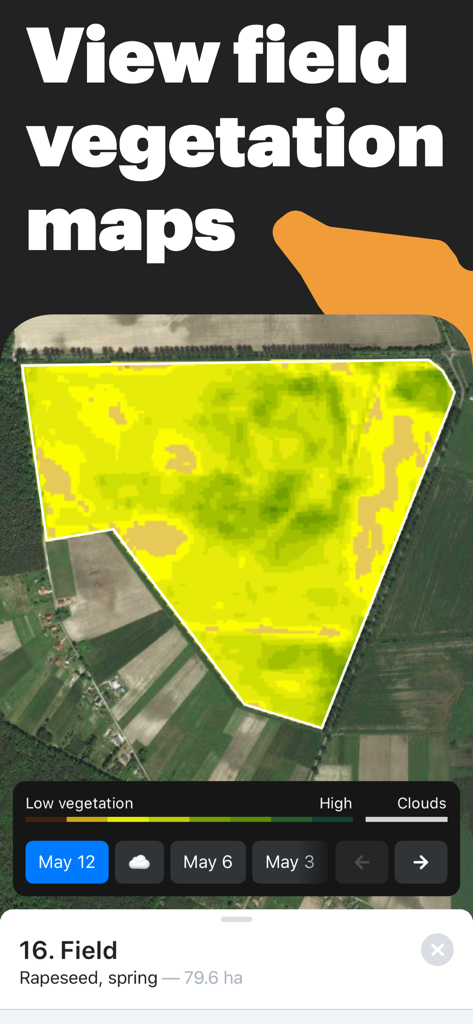OneSoil Scouting: Farming Tool - Un mapa satelital de un campo que muestra los niveles de salud de la vegetación en la aplicación OneSoil