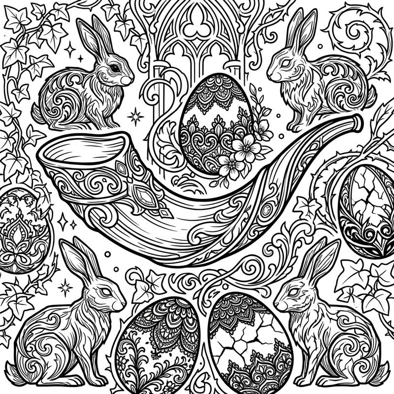 Dive into a unique blend of ancient tradition and mysterious elegance with this Gothic Shofar and Easter-themed coloring page. Discover intricate bunnies, ornate eggs, and detailed patterns waiting for your creative touch.