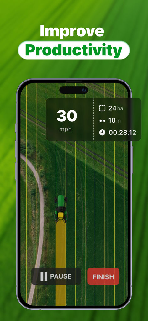 Tractor GPS - Field Navigation - Trator navegando em um campo verde com linhas de orientação GPS paralelas e um painel em tempo real