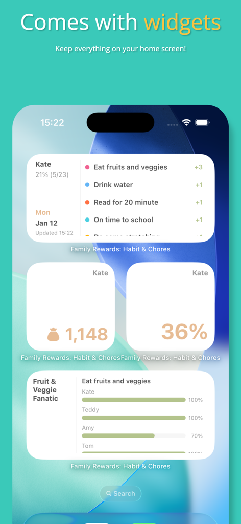 Family Rewards: Chore Chart - Family Rewards app widgets on an iPhone home screen showing chore progress and points