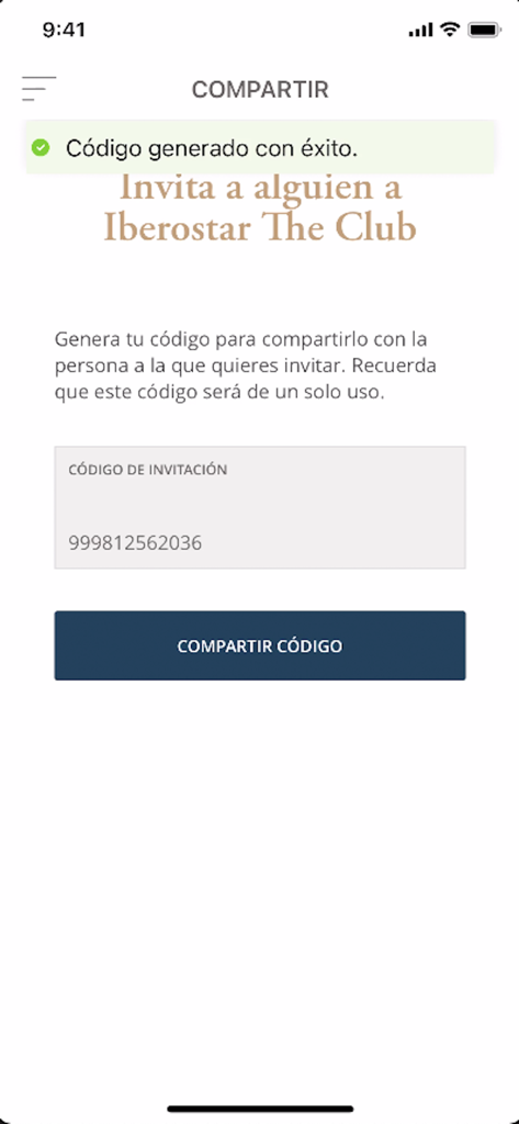 Iberostar The Club - Mobile app screen for generating and sharing an invitation code for Iberostar The Club membership