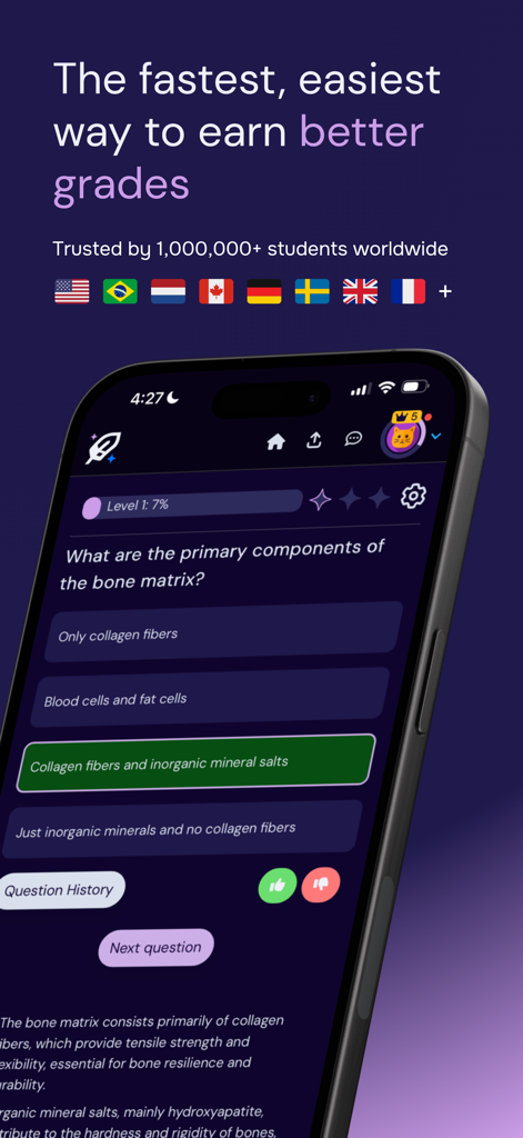 Thea: Study Smart - Thea Study Smartモバイルアプリに、選択肢と解説付きの練習問題が表示されています。