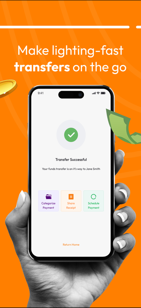 Zedvance: Loans & Bills - A smartphone screen from the Zedvance app displaying a successful money transfer confirmation with options to share the receipt and schedule payments.