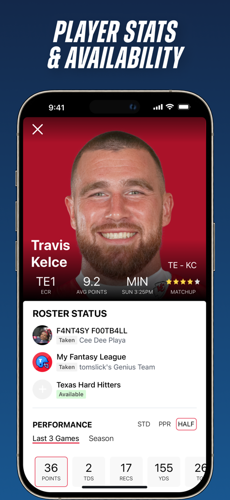 Travis Kelce player stats and roster availability dashboard in the FantasyPros app