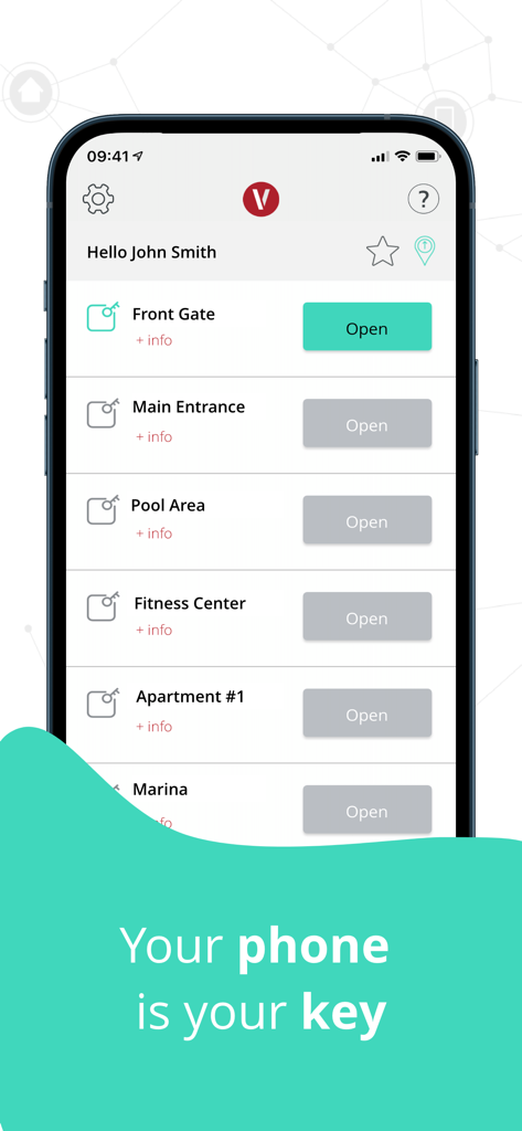 VIZpin Smart - Smartphone screen showing the VIZpin Smart app with options to unlock building entrances like gates and doors